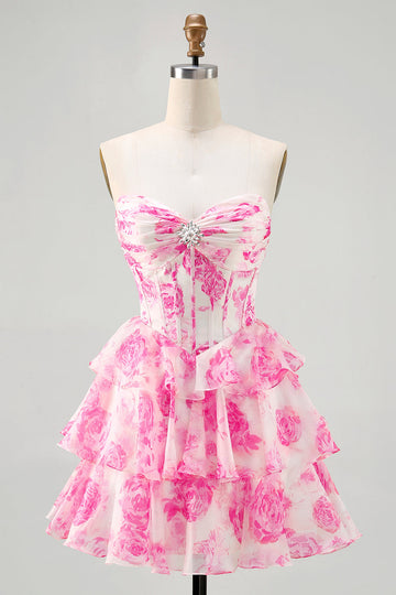 Fuchsia A-Line Strapless Corset Tiered Floral Short Homecoming Dress